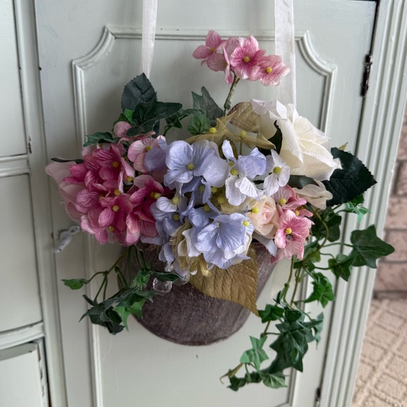 Faux Floral Hanging Half Basket with Pink and Purple Flowers and Chiffon Hanger - Picture 2 of 11